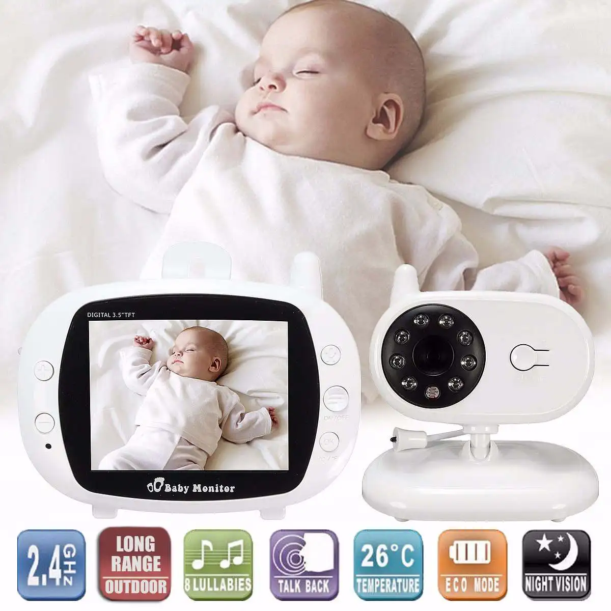 

3.5" LCD Digital Wireless Baby Monitor Camera Night Vision Audio Video Talk Babysitter Home Security Temperature Monitoring
