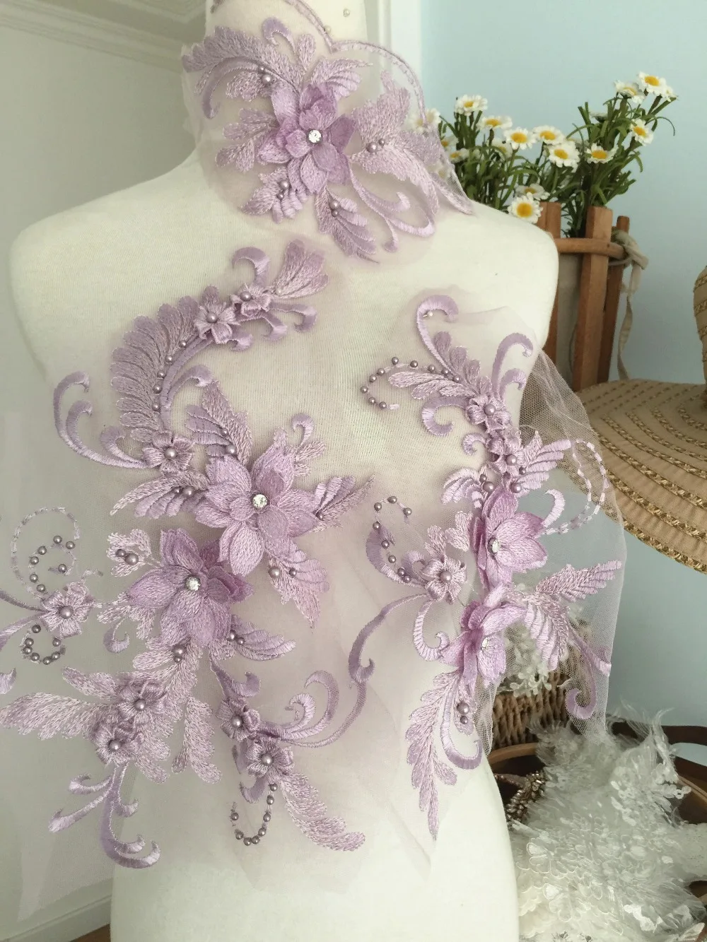 

2 sets 3D pearl and rhinestone beaded lace applique set in purple wedding gown bridal dress dance costumes bodice veil lace