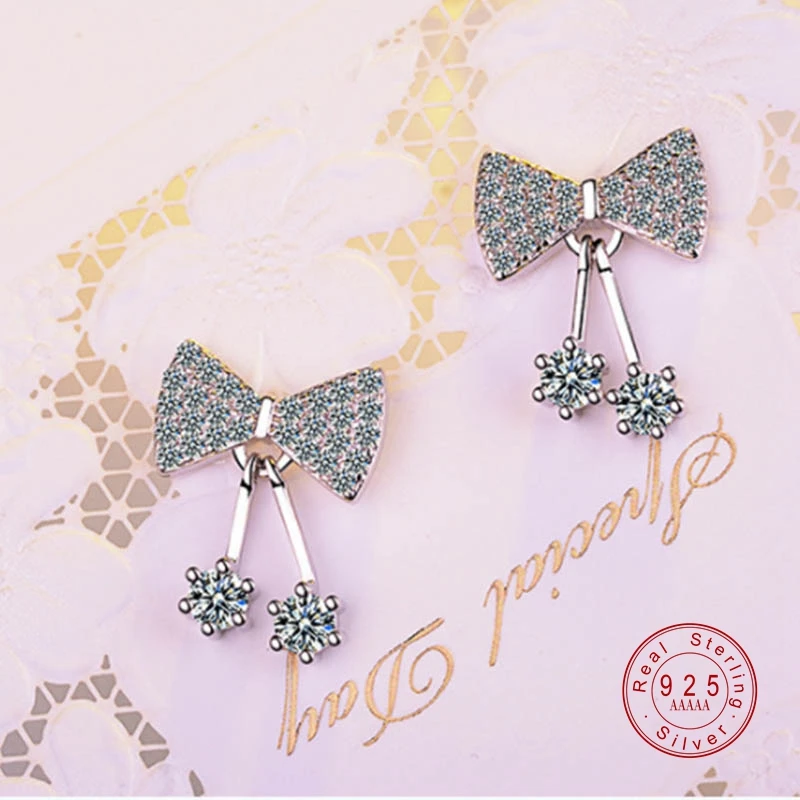 Модная Корейская Сладкий кубический циркон лук S925 стерлингового серебра серьги стержня для Для женщин свадебные очарование ювелирные изделия оптом