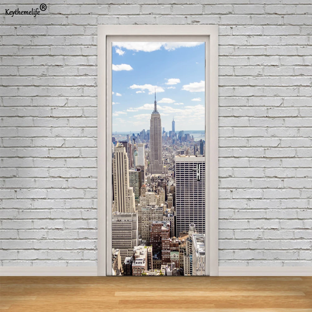 2 قطعة/المجموعة الحديثة مدينة ملصقات جدار DIY جدارية غرفة نوم الديكور ملصق PVC للماء الباب ملصقا تقليد 3D CF