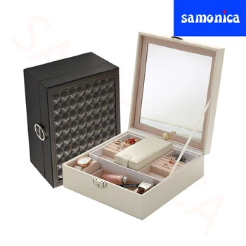 

New Black And White PU Multi-function Mobile Assembly Cosmetics Organizer Ring Necklace Earrings Jewelry Storage Display Box