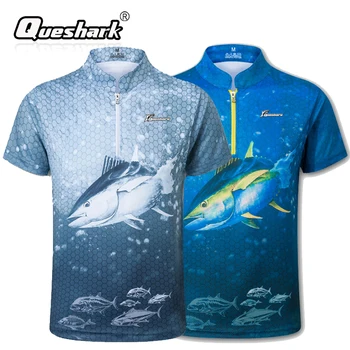 

Queshark UV Protection Stand collar Men 3D Printed Fishing T-shirt Quick Dry Short Sleeves Sport Shirt For Men Fishing Clothing