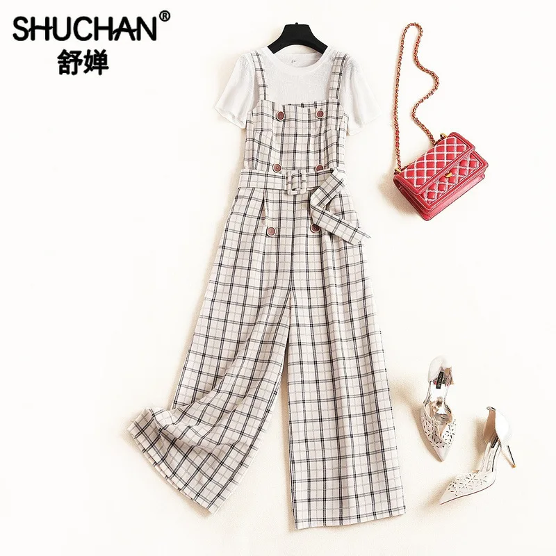 

Shuchan Women 2 Piece Set Office Lady T-shirt +plaid Overalls Fashionable Sets Leisure Suits Women Clothing Set for Summer 51379