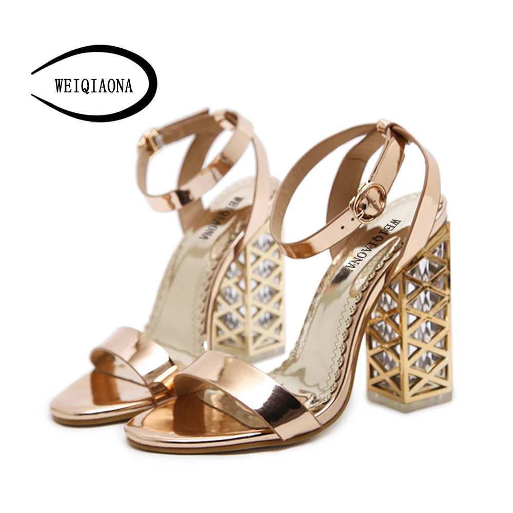 

WEIQIAONA 2018 New Summer Women's Sandals Metal square heel Open Toe Design One-word type Soft Pu Sandals Thick Heel Sandals