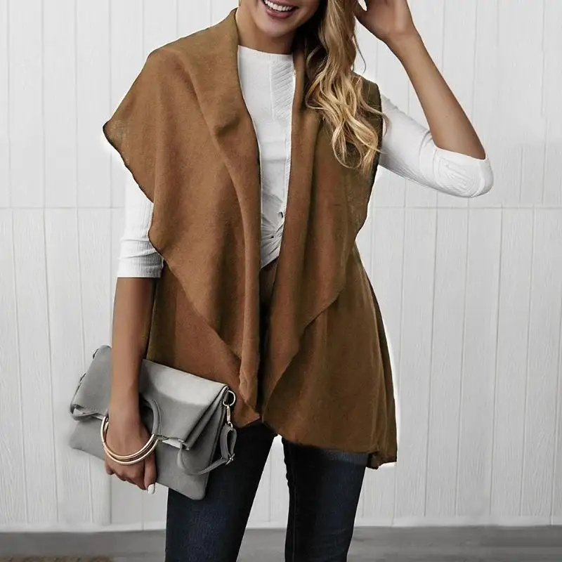 

Fashion Ladies Sleeveless Knitted Cardigan Tops Autumn Spring Irregular Waterfall Collar Waistcoat Women Casual Loose Outwear