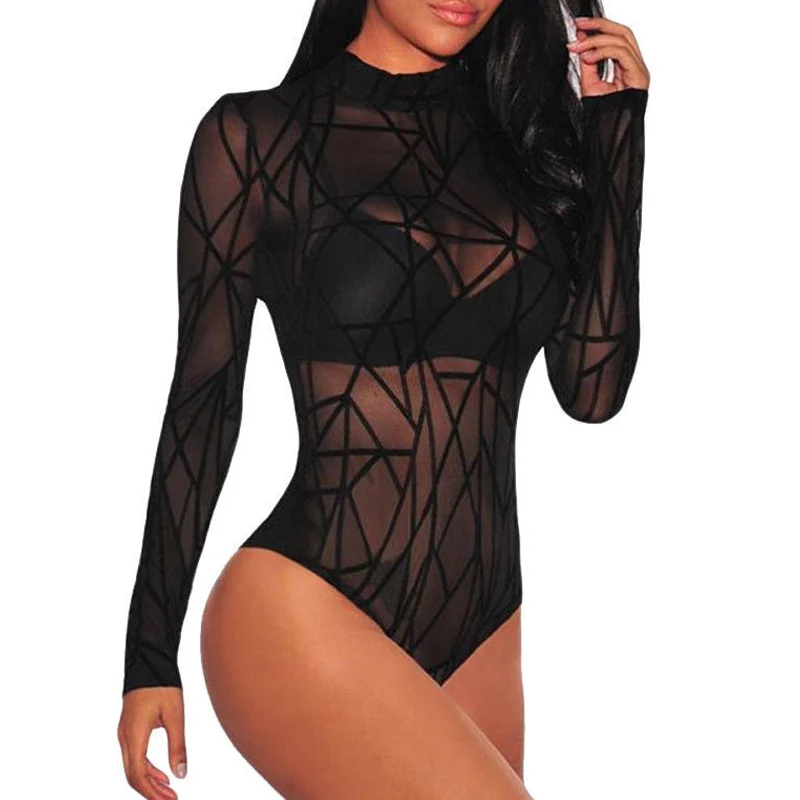 

Women Long Sleeves Jumpsuit Pajamas High Collar See-through Elastic Slim Fit Sleepwear XRQ88