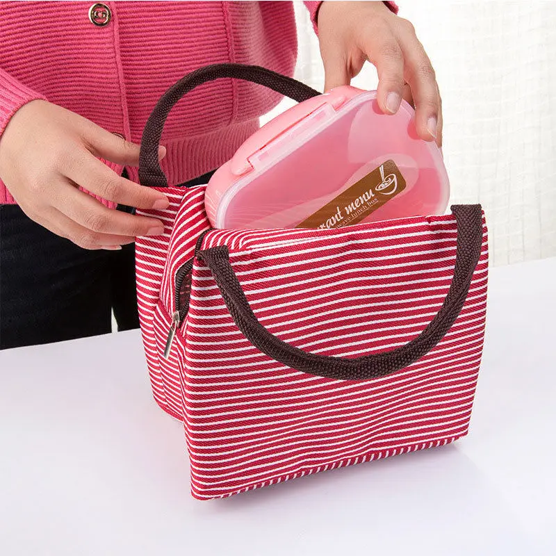 

Leisure Women Portable Lunch Bag Canvas Stripe Insulated Cooler Bags Thermal Food Picnic Lunch Bags Kids Lunch Box Bag Tote