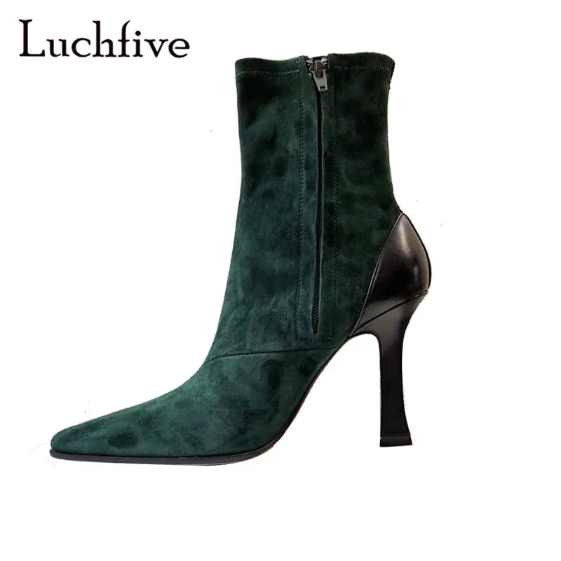 New kid suede square toe ankle boots women genuine leather sexy thin high heels short boots zipper black green shoes women New kid suede square toe ankle boots women genuine leather sexy thin high heels short boots zipper black green shoes women