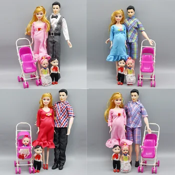 

5 Pieces Happiness Family Dolls Wife Husband And Children With A Baby Carriage Car Cute Mother Father Doll Models