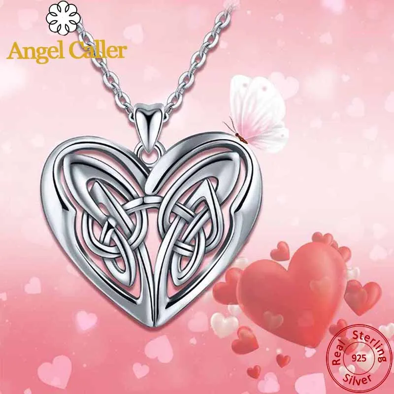 

Angel Caller Real 925 Silver Heart Pendants Women Necklaces Celtics Love Knot Torque Fashion Sterling Silver Jewelry for Grils