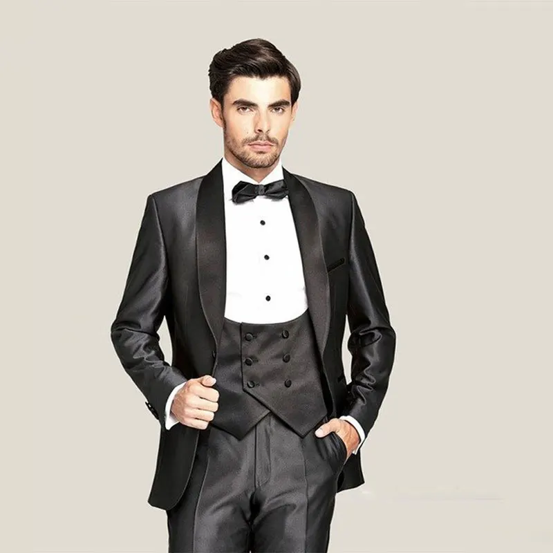 Formal Black Satin Groom Tuxedos Men Suits for Wedding Shawl Lapel Best Man Blazers Groomsmen Wear Costume Homme Mariage 3Piece wide shawl lapel men suits for wedding slim fit groom tuxedos 3 piece jacket pants vest man blazers costume homme ternos