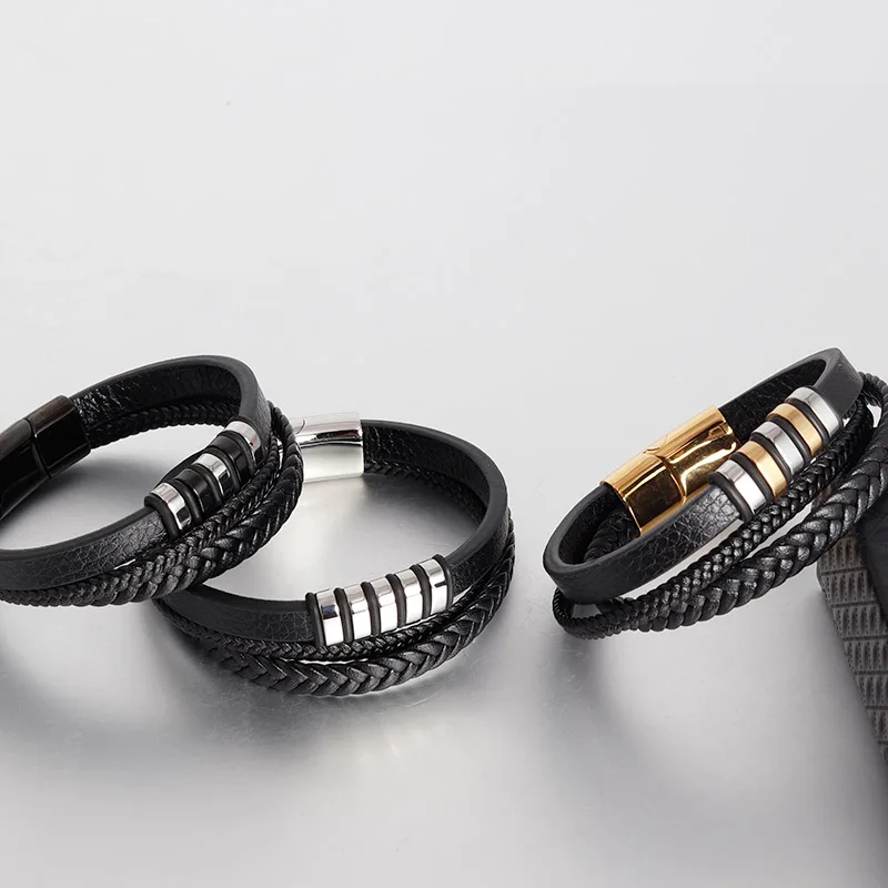 New Vintage Genuine Leather Bracelet Stainless Steel Magnetic Clasp Bangle for Men Jewelry Classic Braid Multilayer Rope