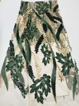 

African French Lace Fabric with sequins High Quality African Tulle Lace Fabric gold sequins 5yards green sequin lace fabric
