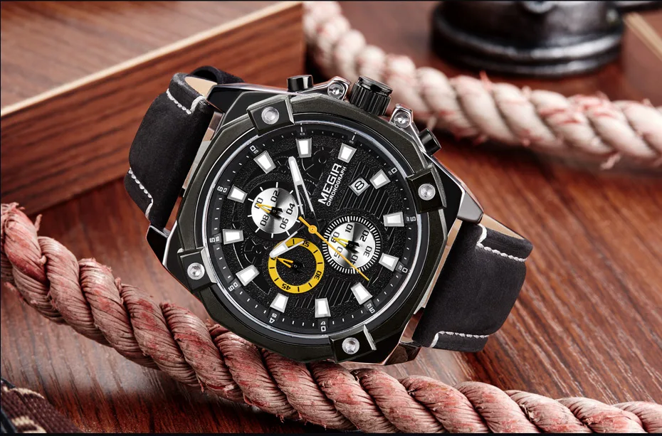 MEGIR мужские спортивные часы бренд хронограф кварцевые часы для военных часы мужские, кожаный наручные часы Reloj Hombre Relogio Masculino