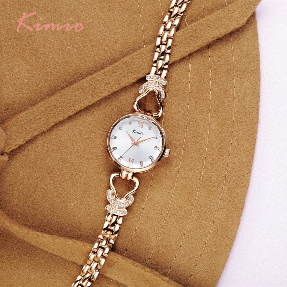 KIMIO Hollow Heart Love Diamond Bracelets For Women Watches 2017 Rose Gold Watch Fashion Women Quartz Watch Wristwatch Women