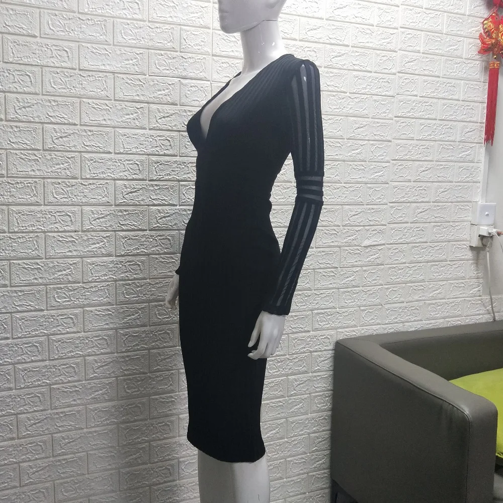 Черно-белое женское сексуальное облегающее платье до колена с длинным рукавом и v-образным вырезом, Клубные Вечерние платья из вискозы