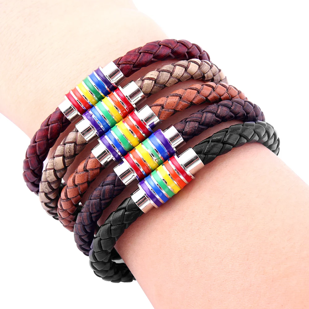 Trend Male Weave Leather With Copper Buckle Rainbow Charms
