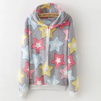 

New 2018 Harajuku Kawaii Sheep Star Printed Hoodies Long Sleeve Winter Hooded Sweatshirt Women Cute Panda Print Flannel Pullover