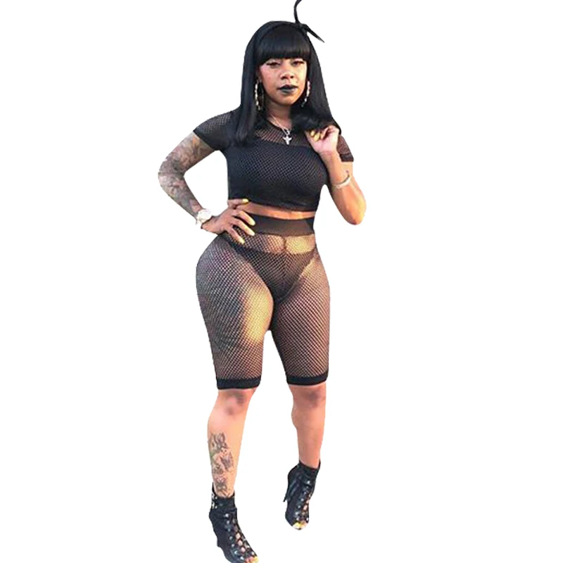 

Sexy Fishnet Shorts Set Women Two Piece Set Short Sleeve Crop Top and Short Pants Summer Beach Outfits See Through 2 Piece Set