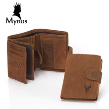 MYNOS Luxury Brand Designer Cowhide Leather Vintage Trifold Hasp Wallet For Men Big Capacity Short Purse Coin Pocket PortfolioS