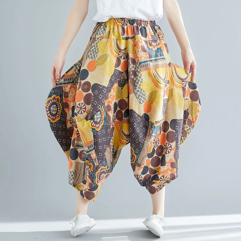 Женские Ретро свободные Асимметричные шаровары boho красочные широкие брюки