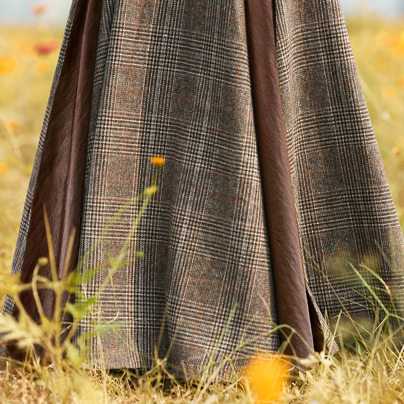 Женская Осенняя зимняя винтажная элегантная длинная юбка, универсальная Клетчатая Шерстяная Лоскутная длинная юбка макси, большая маятниковая бюст юбка