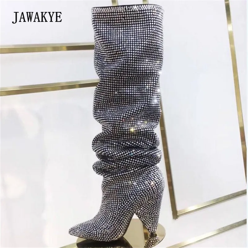 2018 Newest Glittering Crystal Knee High Boots Women Pointed Toe Rhinestone Long Boots Woman Strange High Heels Party Shoes 