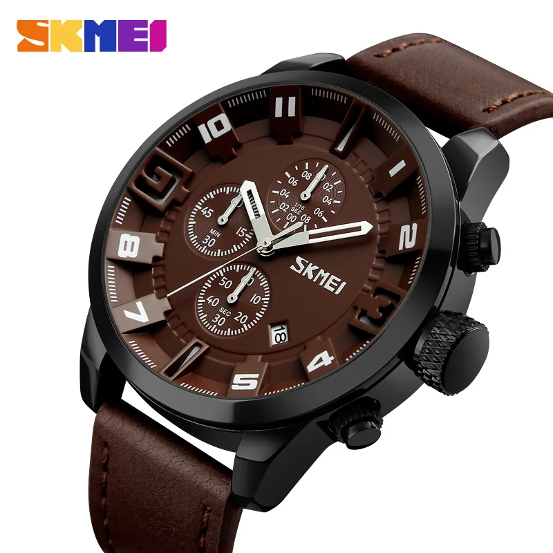 

SKMEI Luxury Retro Leather Multifunction Small Dial Working Quartz Watches For Business Male Stop Watch Calendar Sports Relogio
