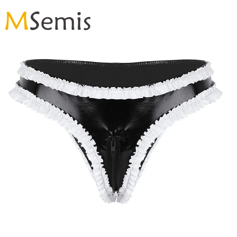Women Sexy Lingerie Wetlook Faux Leather Panties Ruffled Trims Zipper