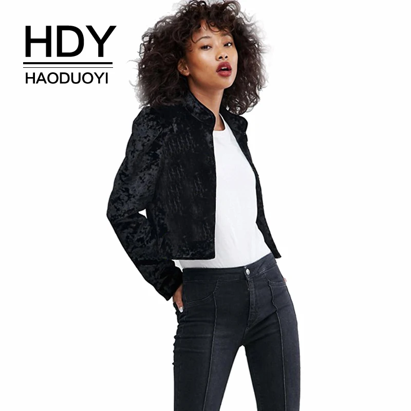 

HDY Haoduoyi 2019 New Arrival Street Fashion Solid Black Small Basic Slim Long Sleeve Stand Collar Crop Tops Jacket