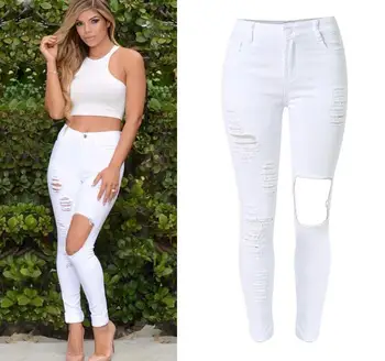 

European Hot Street Styles Hot women's High Wait Slim White Skinny Jeans Big Knee Hole High Elastic ripped denim pants