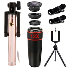 Cell Phone Lentes 12X Telephoto Zoom Lenses Telescope Selfie Stick Mobile Tripod Wide Angle Macro Fisheye