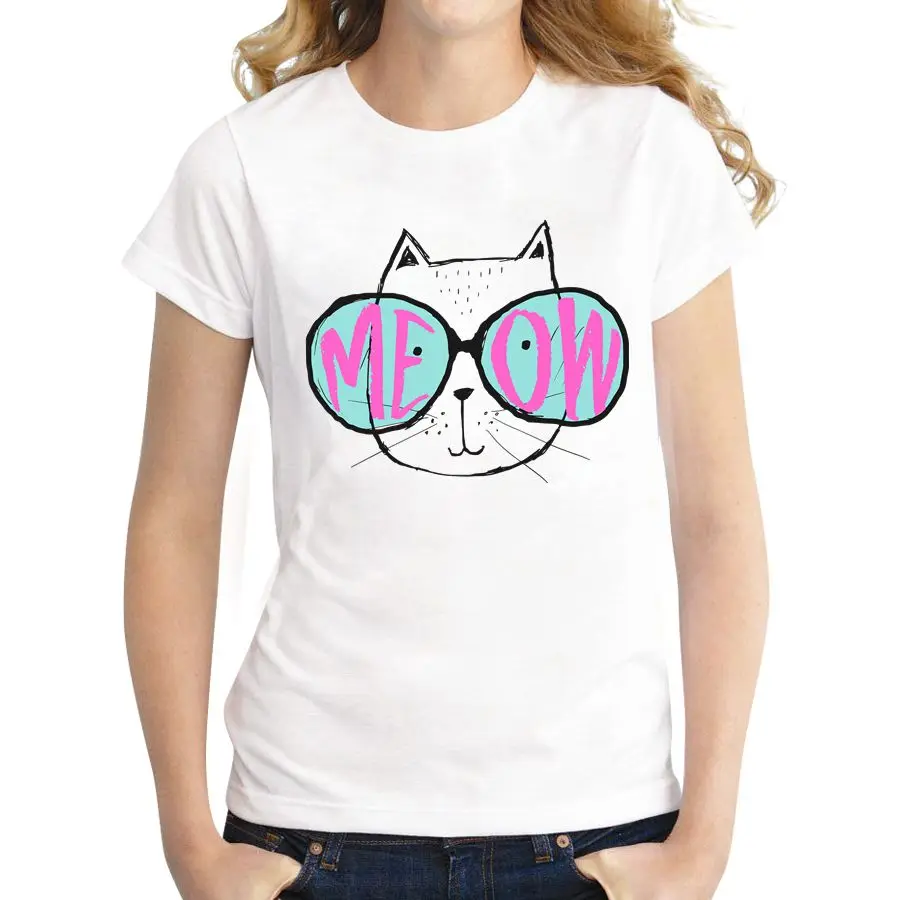 2018 Art Fashion girl Shirt Women T Shirt Tops For Women Camiseta Top Big glasses Cat T-shirt