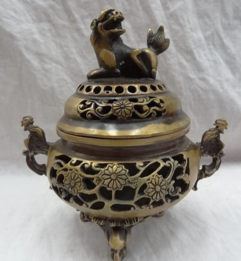 

song voge gem S3144 8" Chinese Bronze Buddhism Lion Head Statue Tibet Phoenix Incense Burner Censer
