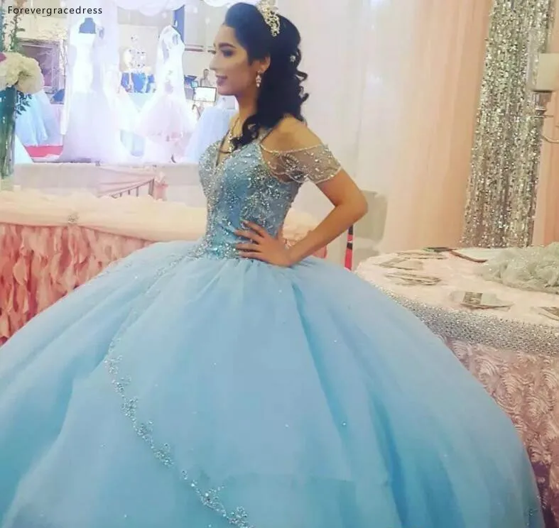 

Long Light Sky Blue Quinceanera Dresses 2019 Princess Tulle Beaded Formal Sweet 16 Girls Prom Party Pageant Gowns Plus Size