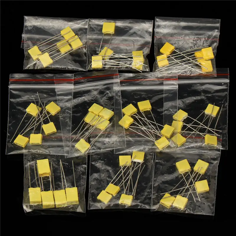 

Hot Sale 50pcs 10 Value Polypropylene Safety Plastic Film Capacitor Kit (1nF-0.47uF) Set