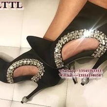 На высоком каблуке-шпильке вырезы Ботильоны Кристалл каблуке леди замша модные ботинки черные пикантные нарядные туфли-лодочки обувь оптом