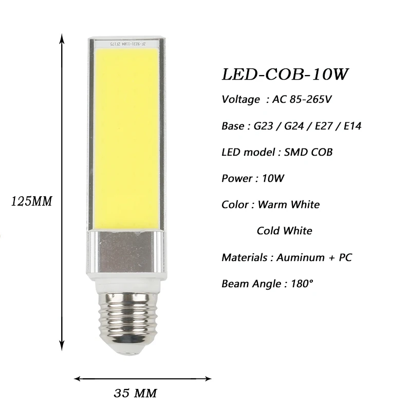 Z30 COB светодиодный светильник 10 Вт 15 Вт 20 Вт G23 G24 Светодиодный светильник 180 градусов кукурузные лампы Белый AC85-265V горизонтальный штекер точечные потолочные светильники