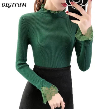 

Autumn Winter Turtleneck Sweaters Women 2019 Slim Knitted Sweater Female Lace Splice Long Sleeve Jumper Casual Basic Pullovers