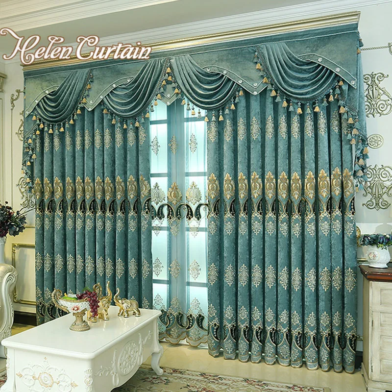 Helen Curtain Thick Chenille Embroidered Blue For Living Helen Curtain Thick Chenille Embroidered Blue For Living Room Luxury European Style Window Curtains Bedroom Hc308 In From Home Garden