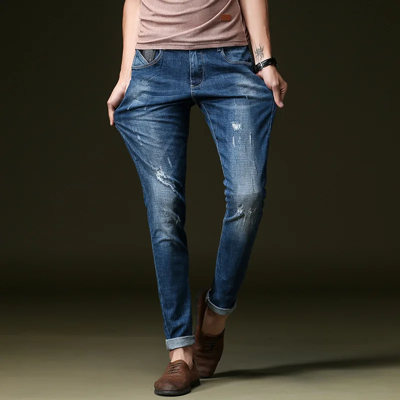 

Men's hole patch ripped jeans Slim fit patchwork print denim pants Fashion zipper pocket long trousers