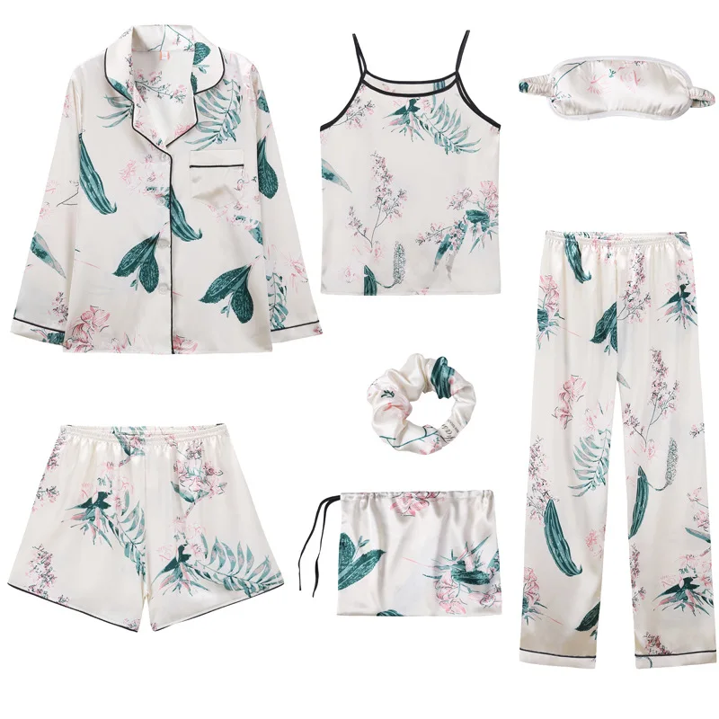 

Spring&autumn Long Sleeves Short Sleeved Silk Sling Vest Shorts 7 Pieces Pajama Sets Women Sexy Lingerie Pajamas Pink Sleepwear