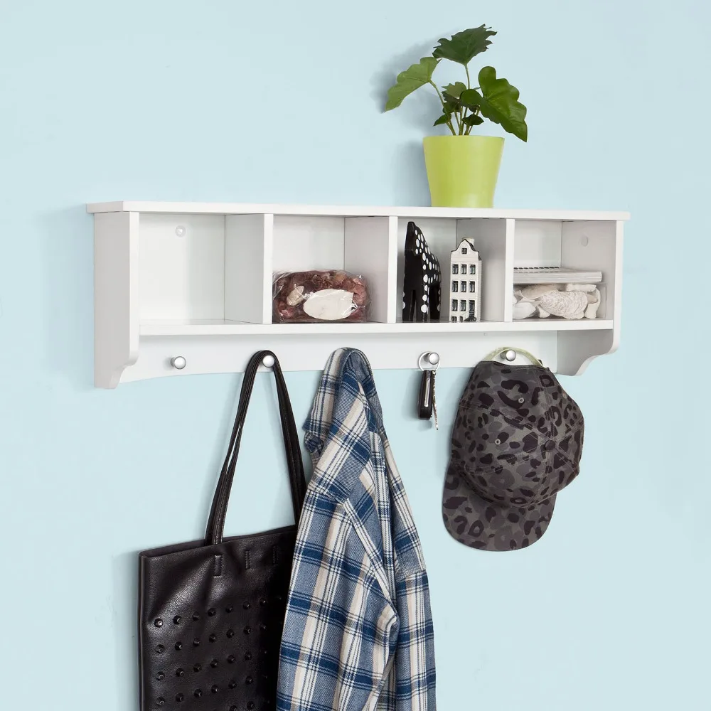 SoBuy FRG48 L W White Wall Display Storage Unit 4 Components 5 Hooks Coat Rack Bathroom