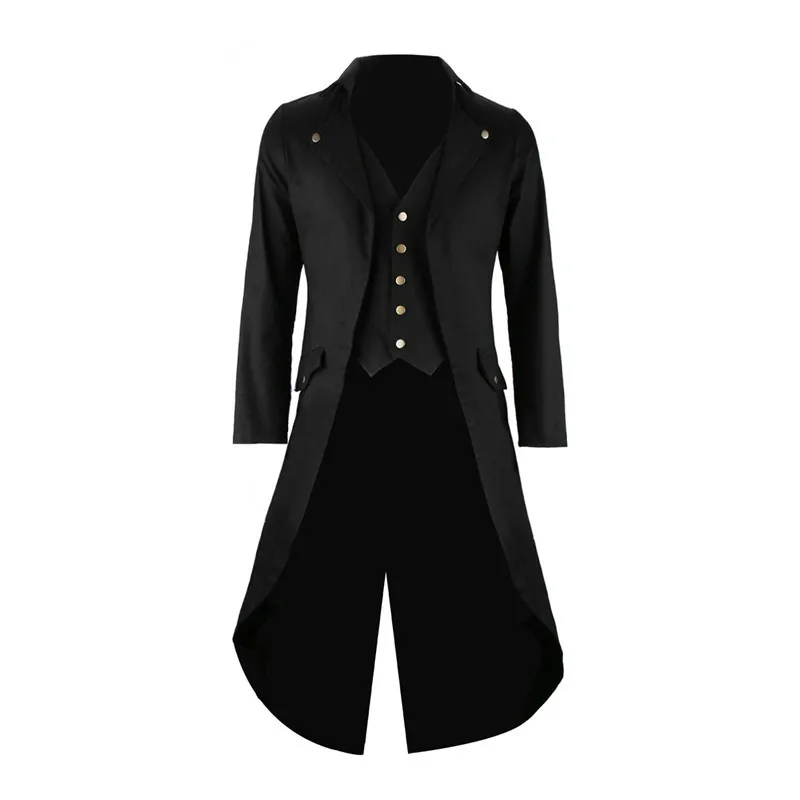 Mens Gothic Tailcoat Jacket Steampunk Trench Cosplay Costume Victorian Coat Black Long Coat Men's Tuxedo Suit Halloween Party