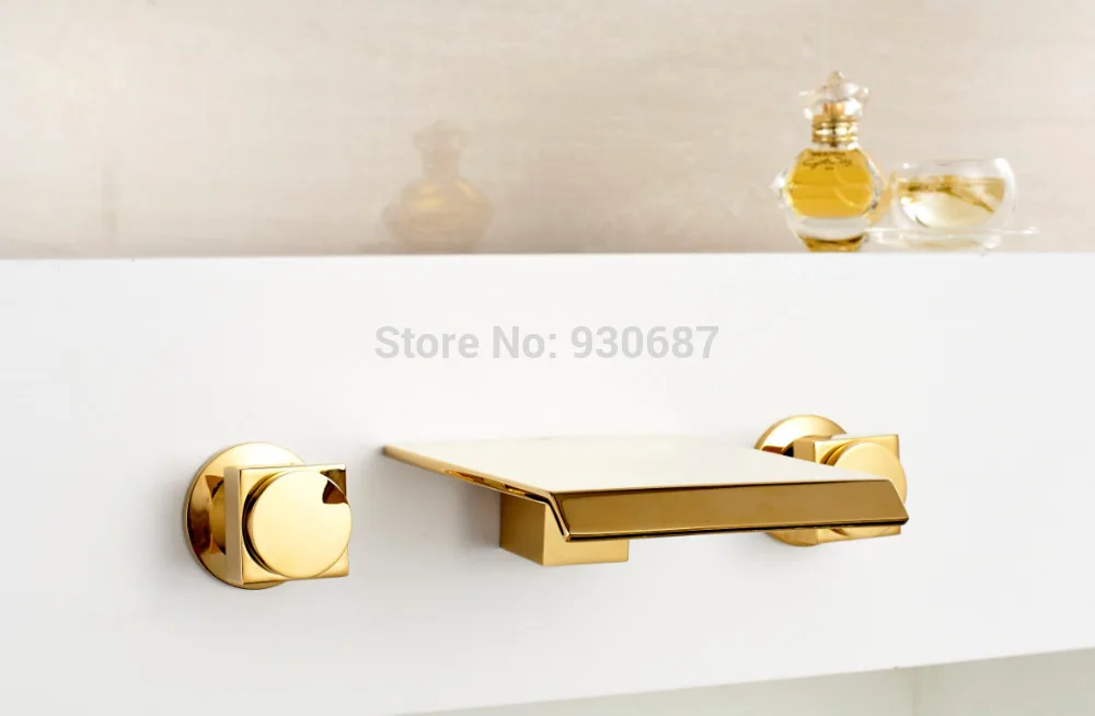 

Wall Mount Golden Basin Faucet Double Square Handles Tub Mixer Faucet