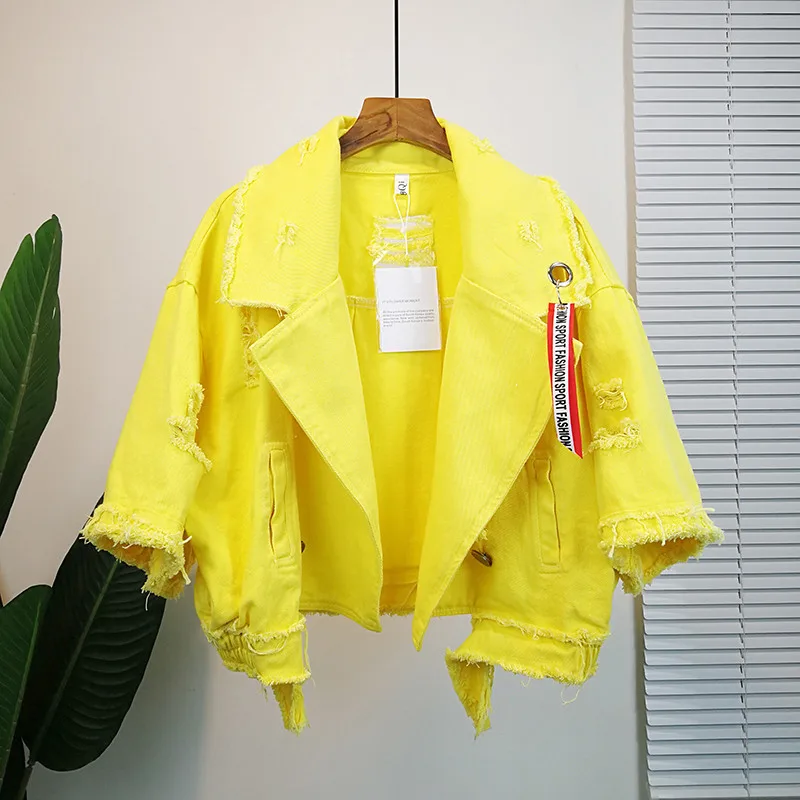 

2019 Short Denim Jacket Women Casual Loose Cool Girl Outwear Spring Autumn Female Korean Candy Color Pockets Hole Jeans Coat