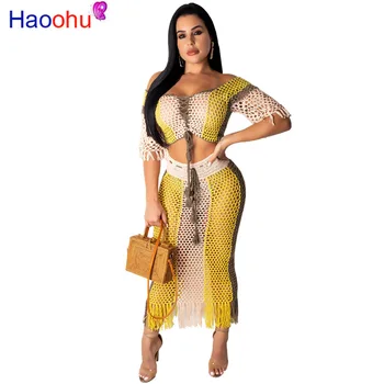 

Fishnet Hollow Out Sexy Two Piece Set Women Slash Neck Short Sleeve Crop Top And Bodycon Tassels Long Skirts 2 Pcs Beach Outfit