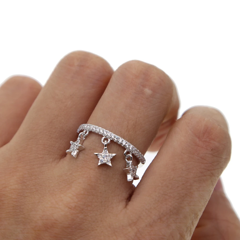 

Simple Geometric Finger Rings with AAA CUBIC ZIRCONIA CZ Star/Moon Pendant charm Chain Jewelry For Women Anillos Fashion Jewelry