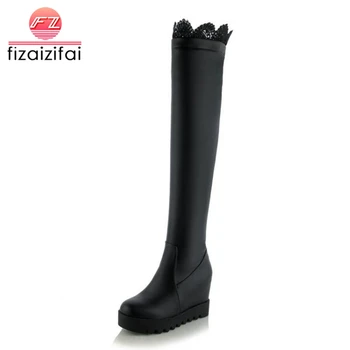 

Coolcept Women Thigh High Boots Winter Plush Fur Shoes Woman Thick Bottom Shoes Embroidery Inside Heels Warm Boots Size 33-43