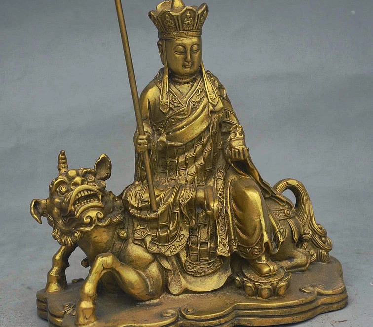 

7" China Buddhism Brass Monk Ksitigarbha Boddhisattva Ride Unicorn Diting Statue